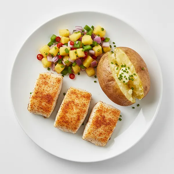 Oven-Baked Paprika Fish with Pineapple Salsa and Jacket Potato